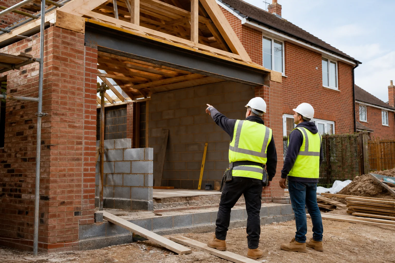 Tradespeople reviewing a residential extension