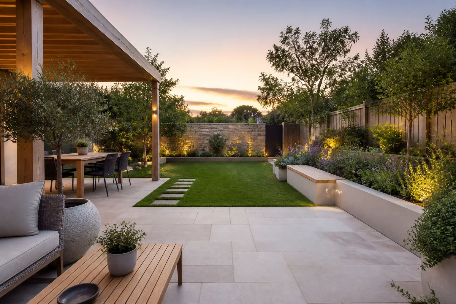 Professionally landscaped British garden with patio and planting
