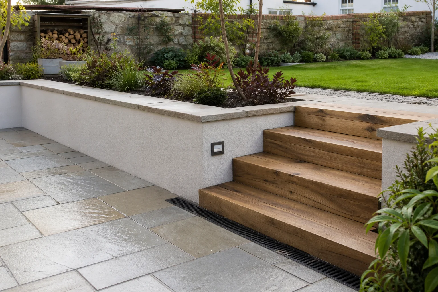 Stone patio and timber garden steps